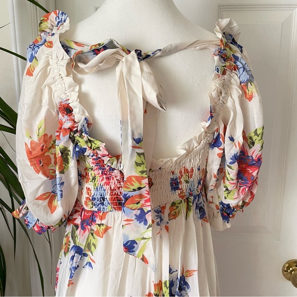 By Anthropologie Dress NWT Puff Sleeve Smocked MIDI Dress in White Floral Medium - Picture 12 of 16